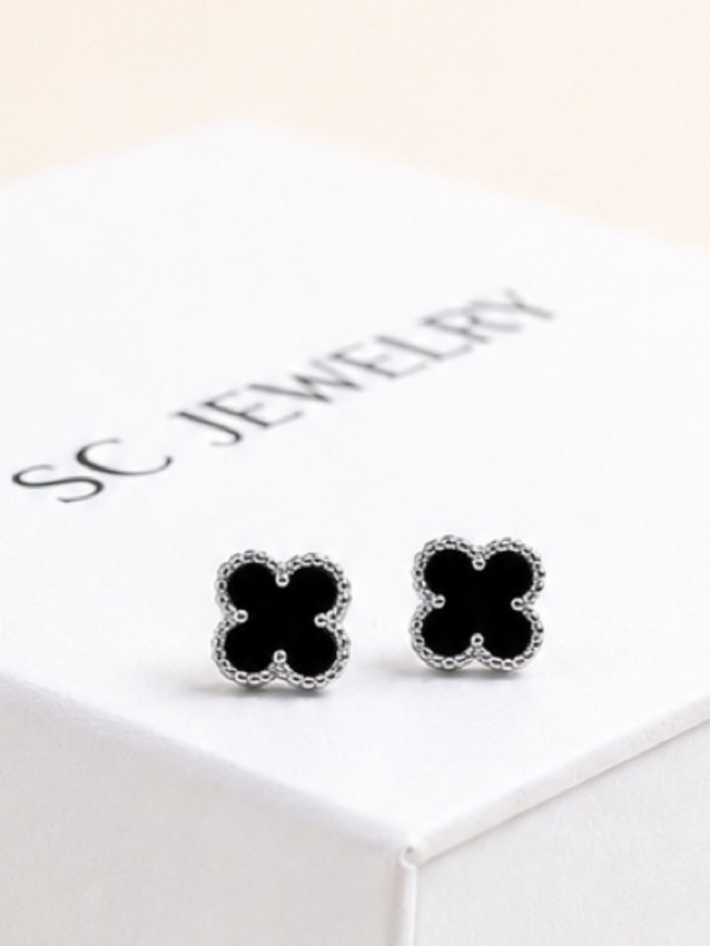 Petite Clover Earrings Stainless Steel Silver Tone Black
